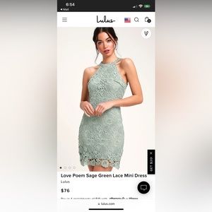 Lulu’s Love Poem Sage Green Lace Mini Dress size Large NWT